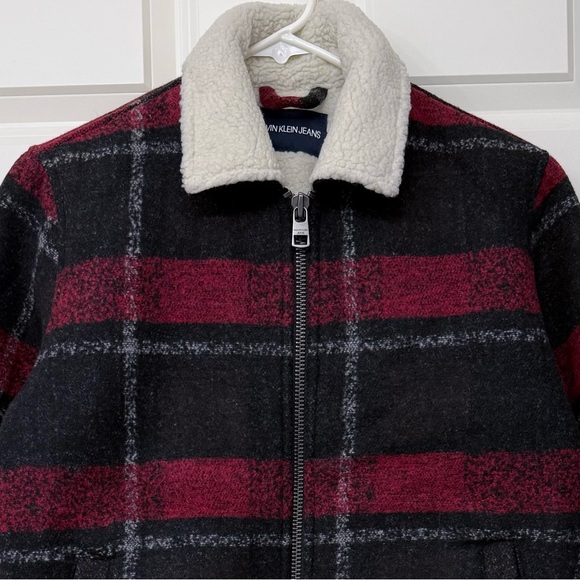 Calvin Klein Plaid Sherpa Jacket Wool Blend Chore Coat Women M Tango Red New - Picture 4 of 11